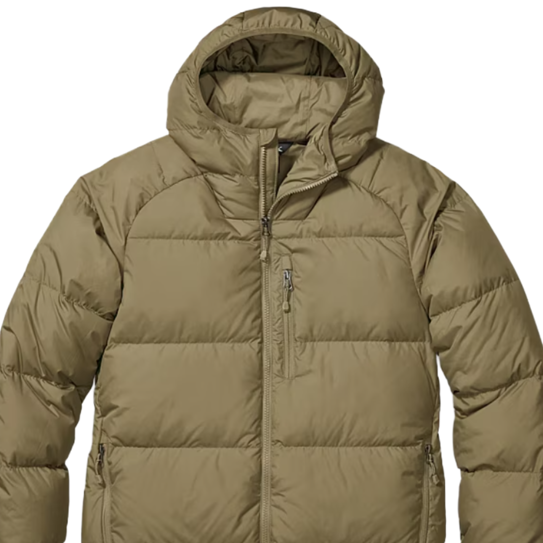 A khaki puffer jacket with a hood, featuring a front zipper and zippered pockets.