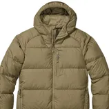 A khaki puffer jacket with a hood, featuring a front zipper and zippered pockets.