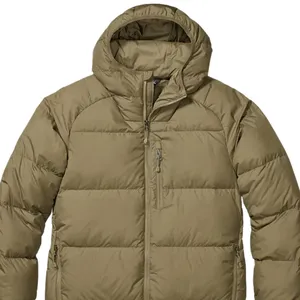 A khaki puffer jacket with a hood, featuring a front zipper and zippered pockets.