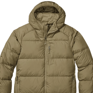 A khaki puffer jacket with a hood, featuring a front zipper and zippered pockets.