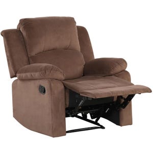 Brown fabric recliner chair with a partially extended footrest and padded armrests, featuring a side lever for reclining.