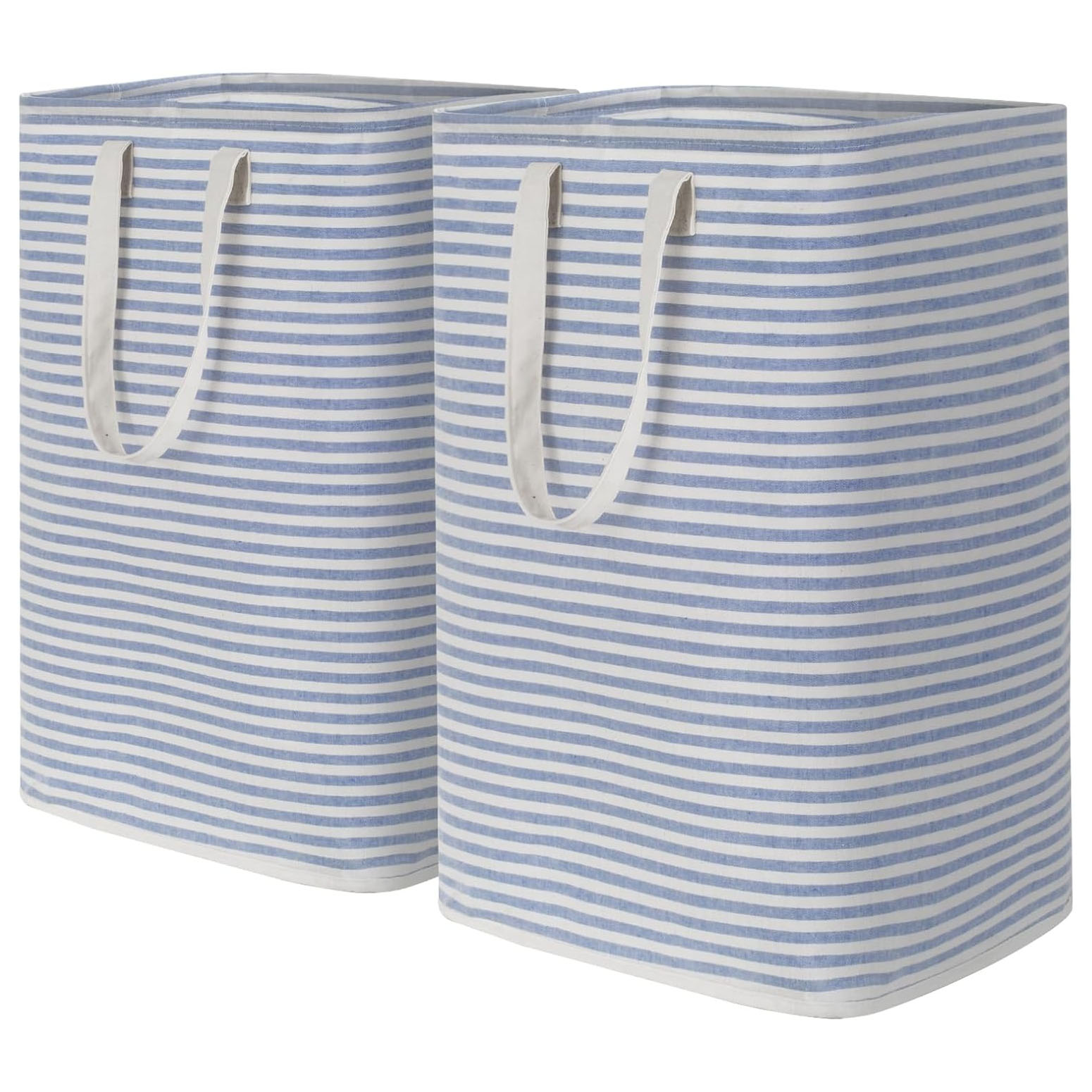 Two blue and white striped laundry hampers with handles.