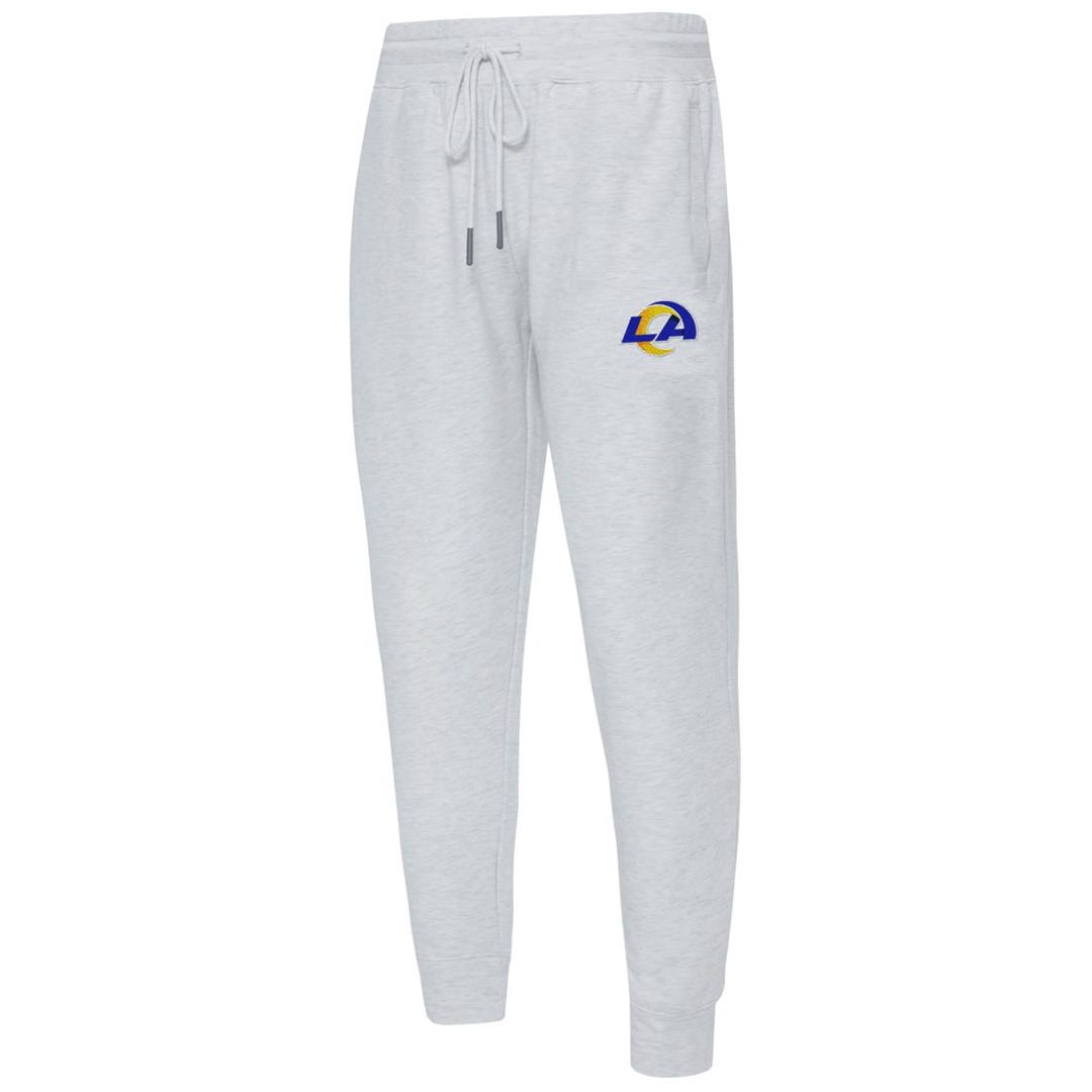 Light gray joggers featuring a drawstring waist and a \“LA\“ logo with blue and yellow accents on one side.