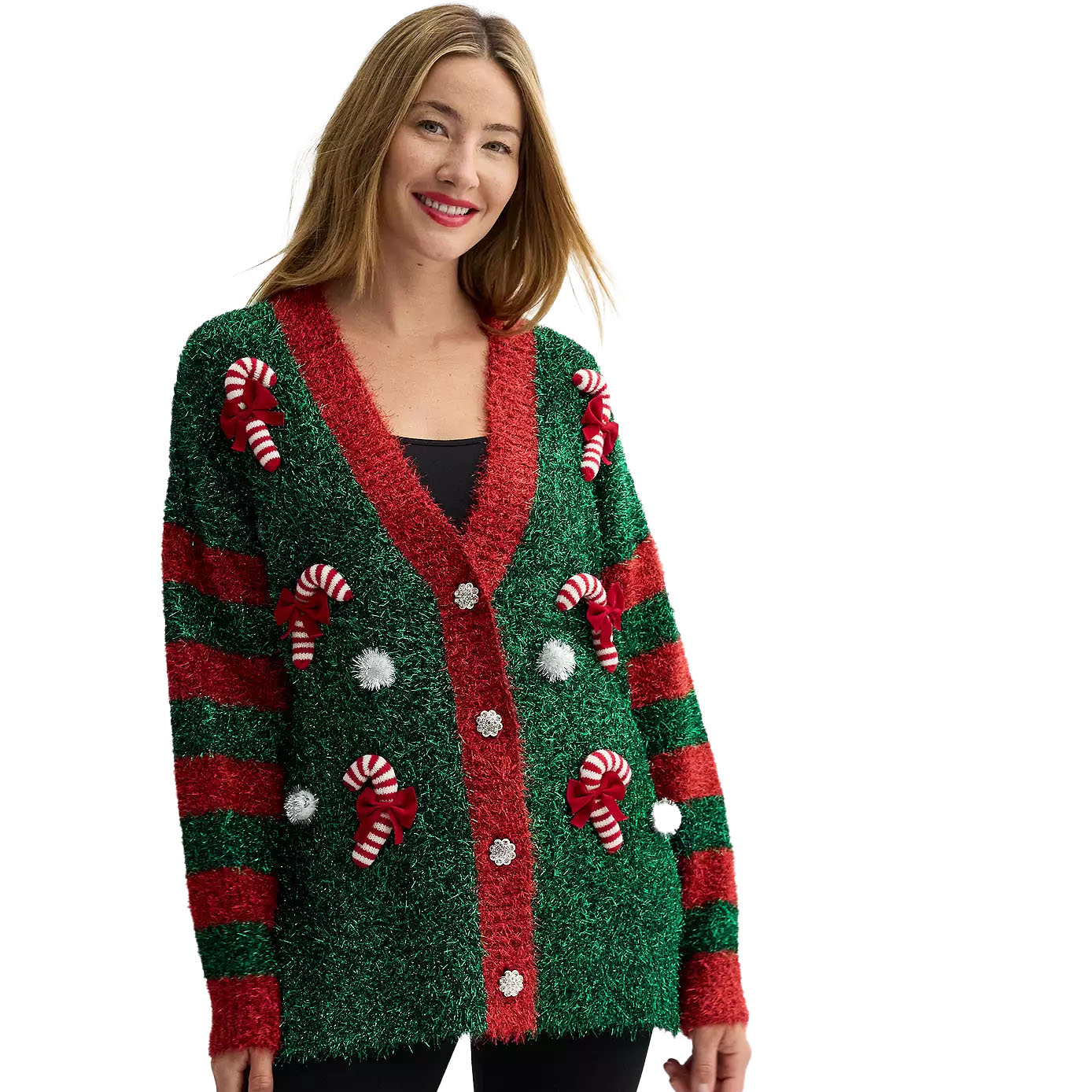 A festive Christmas cardigan with green and red tinsel texture, featuring candy cane decorations with red bows, silver tinsel pom-poms, and red stripes on the sleeves.