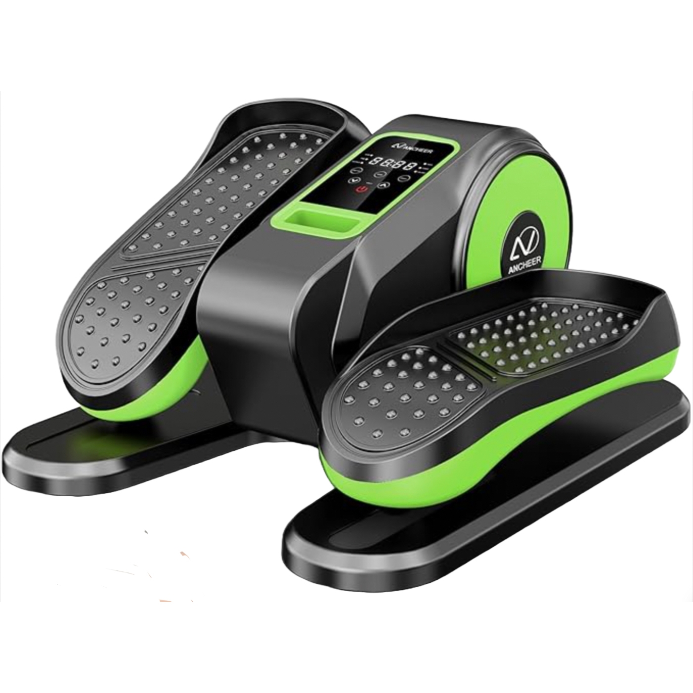 An under-desk elliptical machine with a sleek design, featuring black and green colors, textured foot pedals, and a digital display.