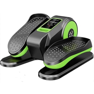 An under-desk elliptical machine with a sleek design, featuring black and green colors, textured foot pedals, and a digital display.