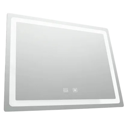 A rectangular illuminated mirror with touch controls, featuring a border of LED lighting.
