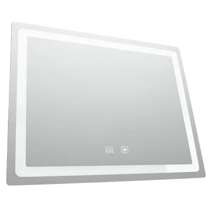 A rectangular illuminated mirror with touch controls, featuring a border of LED lighting.