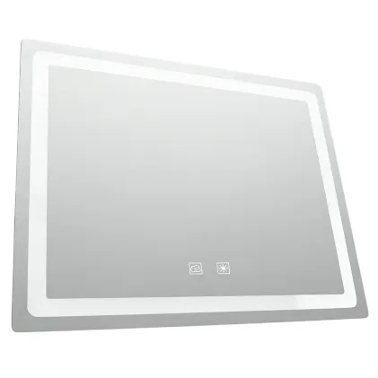 A rectangular illuminated mirror with touch controls, featuring a border of LED lighting.