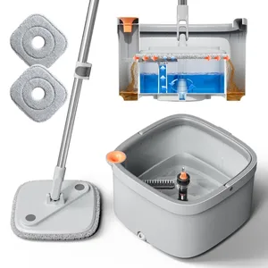 Square mop with replaceable cleaning pads and a dual-chamber bucket system for separating clean and dirty water.