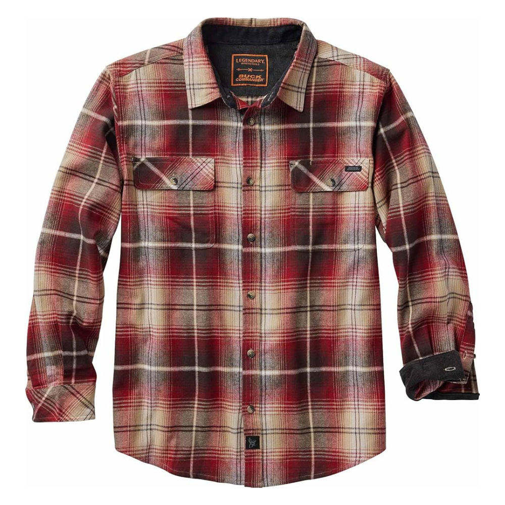 Red, beige, and black plaid long-sleeve flannel shirt with button closures and two chest pockets. The shirt features a casual, rugged style with buttoned cuffs and a collar.