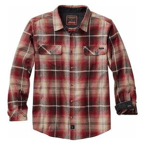 Red, beige, and black plaid long-sleeve flannel shirt with button closures and two chest pockets. The shirt features a casual, rugged style with buttoned cuffs and a collar.