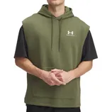A green sleeveless hoodie with a drawstring hood and a front pocket, layered over a black short-sleeve shirt. The hoodie features the Under Armour logo on the chest.
