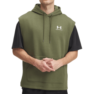 A green sleeveless hoodie with a drawstring hood and a front pocket, layered over a black short-sleeve shirt. The hoodie features the Under Armour logo on the chest.