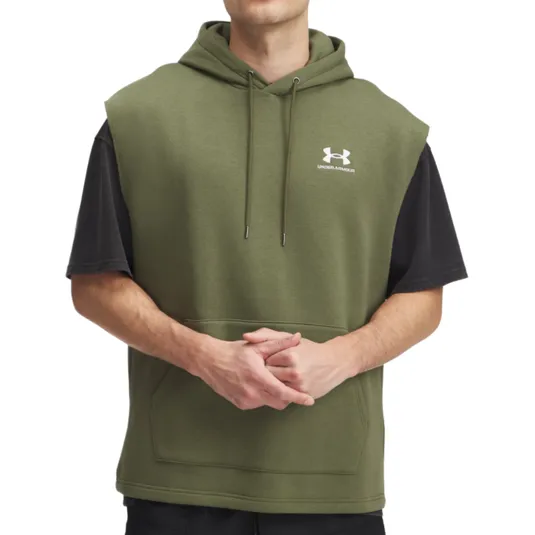 A green sleeveless hoodie with a drawstring hood and a front pocket, layered over a black short-sleeve shirt. The hoodie features the Under Armour logo on the chest.
