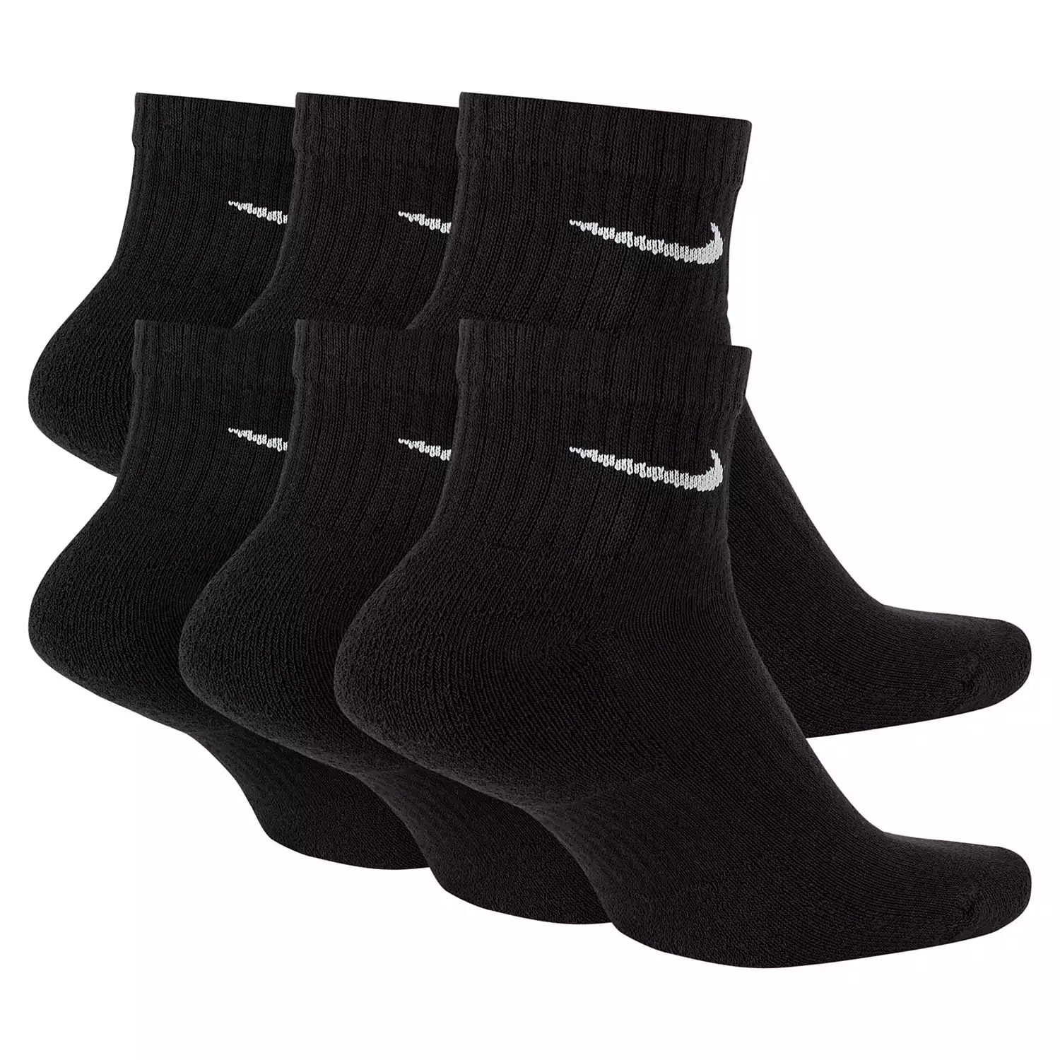 A set of black ankle socks with a white swoosh logo.