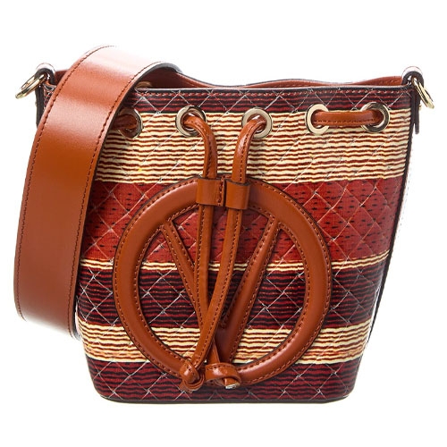 Valentino leather bucket bag features a woven design with red and tan stripes, gold-tone hardware, and a wide brown leather strap. It has a circular leather emblem on the front and a drawstring closure with eyelets.