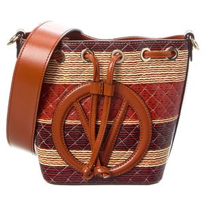 Valentino leather bucket bag features a woven design with red and tan stripes, gold-tone hardware, and a wide brown leather strap. It has a circular leather emblem on the front and a drawstring closure with eyelets.