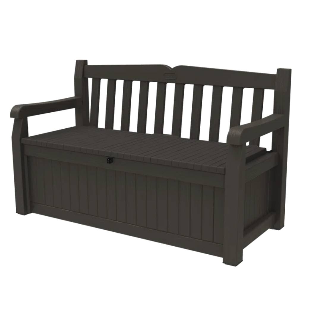 Dark brown outdoor storage bench with backrest and armrests, featuring a slatted design.