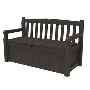 Dark brown outdoor storage bench with backrest and armrests, featuring a slatted design.