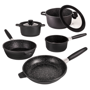 Cookware set with speckled interior includes a saucepan, frying pans, a pot with glass lids, and a sauté pan. Ideal for various cooking needs.