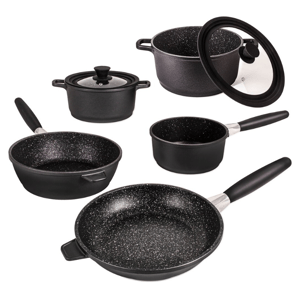 Cookware set with speckled interior includes a saucepan, frying pans, a pot with glass lids, and a sauté pan. Ideal for various cooking needs.
