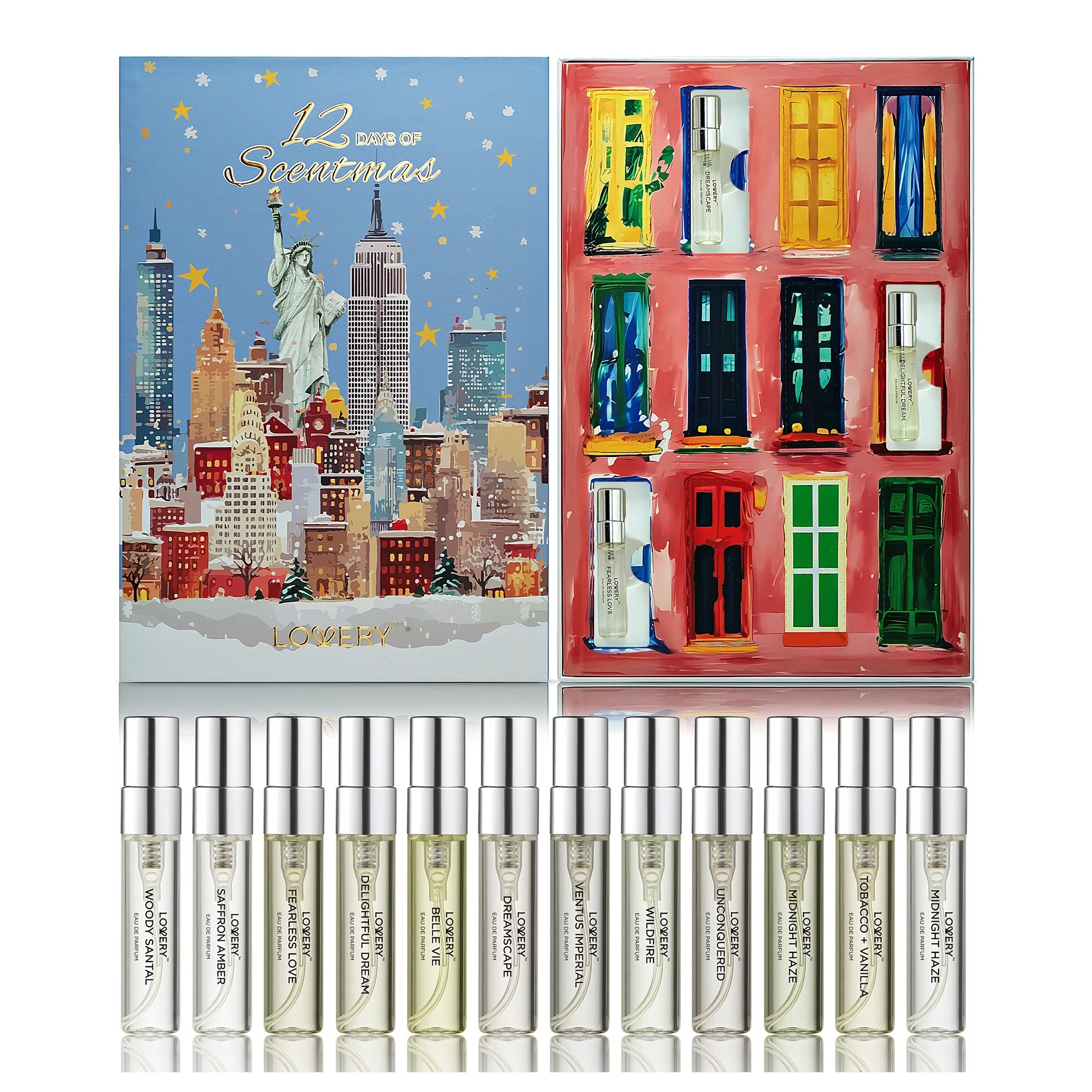 12-piece perfume sampler set with each vial labeled with a different fragrance, displayed in a 12-day advent calendar theme box featuring a New York City skyline and colorful painted doors.