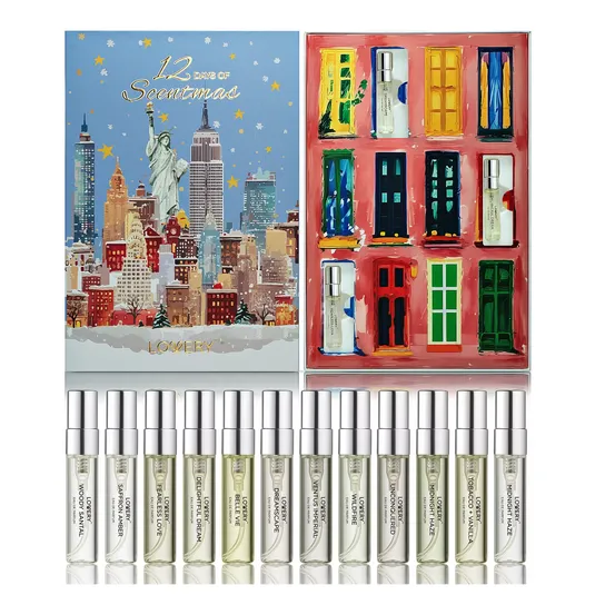12-piece perfume sampler set with each vial labeled with a different fragrance, displayed in a 12-day advent calendar theme box featuring a New York City skyline and colorful painted doors.