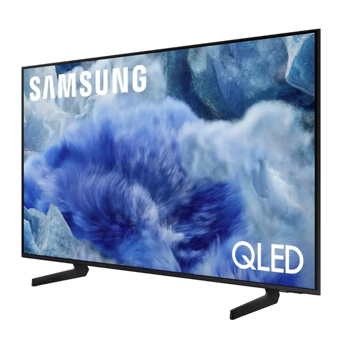 Samsung QLED TV with a slim design and two stand legs, displaying a vibrant image with blue and white colors.