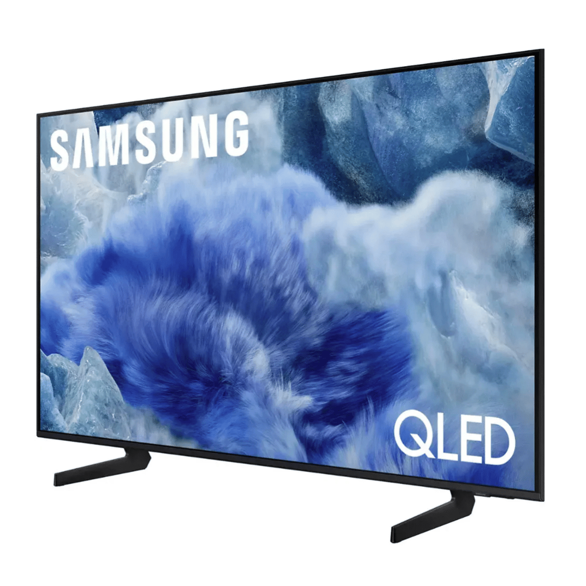 Samsung QLED TV with a slim design and two stand legs, displaying a vibrant image with blue and white colors.