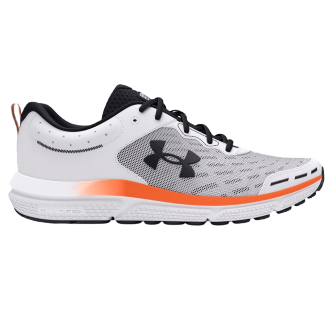 A white and gray running shoe with black laces, orange accent, and the Under Armour logo.