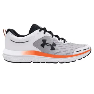 A white and gray running shoe with black laces, orange accent, and the Under Armour logo.