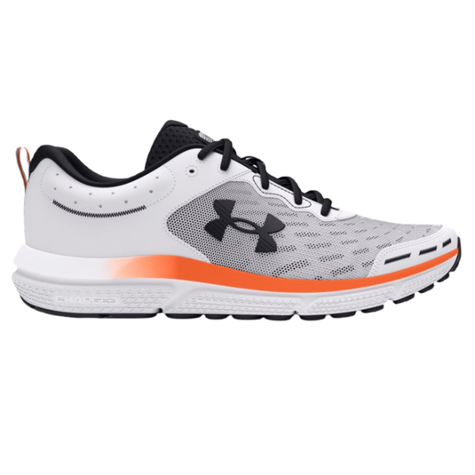 A white and gray running shoe with black laces, orange accent, and the Under Armour logo.