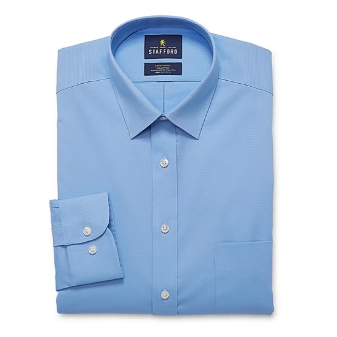 Light blue Stafford dress shirt with a spread collar, button-up front, and folded cuffs.