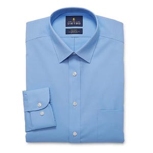 Light blue Stafford dress shirt with a spread collar, button-up front, and folded cuffs.