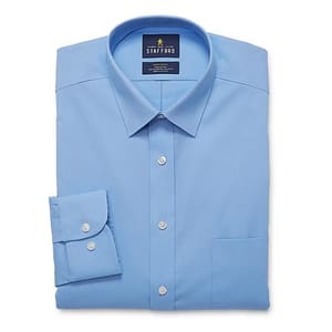 Light blue Stafford dress shirt with a spread collar, button-up front, and folded cuffs.