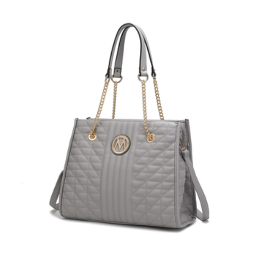 A quilted shoulder bag with chain-linked straps and a metallic logo on the front, presented in a light gray color.