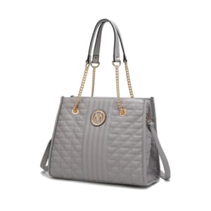 A quilted shoulder bag with chain-linked straps and a metallic logo on the front, presented in a light gray color.