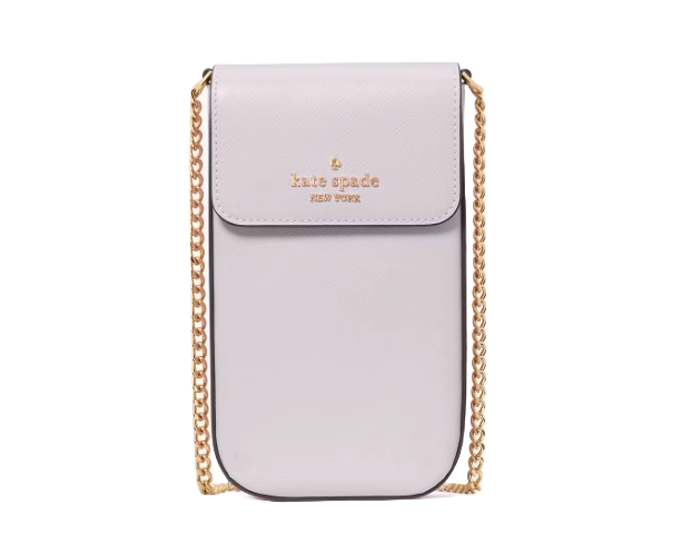 A lavender Kate Spade New York crossbody phone bag with a gold chain strap and a front flap featuring the brand's logo.