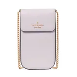 A lavender Kate Spade New York crossbody phone bag with a gold chain strap and a front flap featuring the brand's logo.