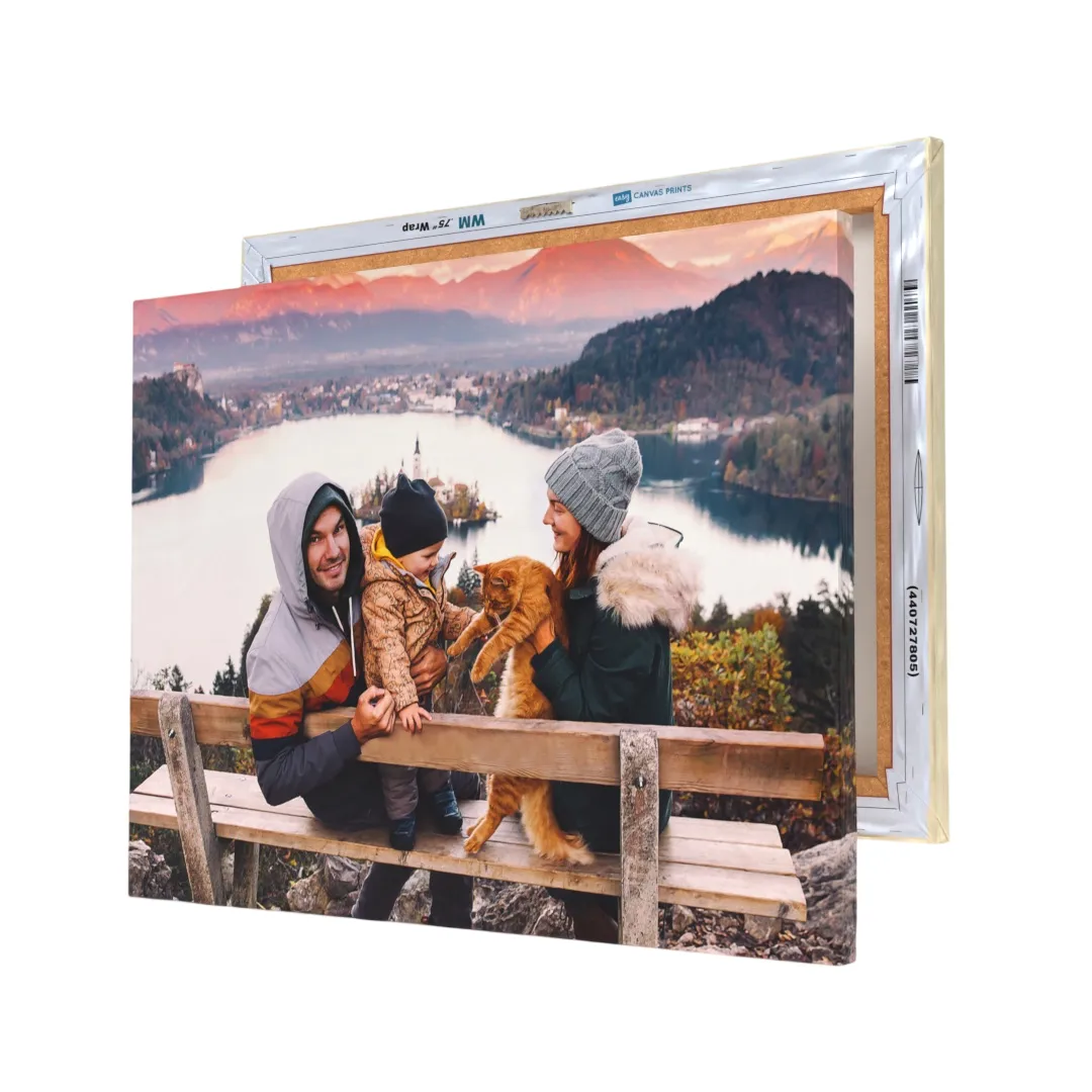 A canvas print displays a family with a child and cat enjoying a scenic lake and mountain view, mounted on a wooden bench.