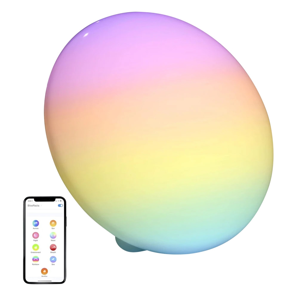 A color-changing LED lamp with app control is shown, featuring a gradient of pastel hues. A smartphone screen nearby displays an app interface with various lighting modes.
