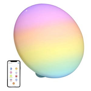 A color-changing LED lamp with app control is shown, featuring a gradient of pastel hues. A smartphone screen nearby displays an app interface with various lighting modes.
