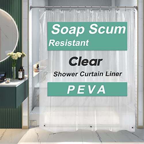 Clear PEVA shower curtain liner, labeled as soap scum resistant.