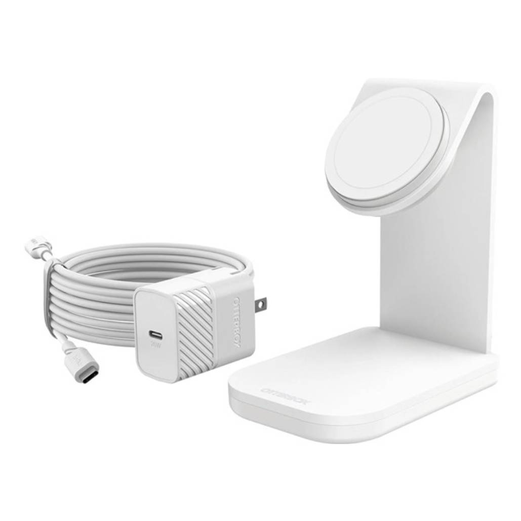 OtterBox Charging Bundle includes a white MagSafe charging stand and a USB-C wall adapter with a coiled USB-C cable, designed for efficient wireless charging.