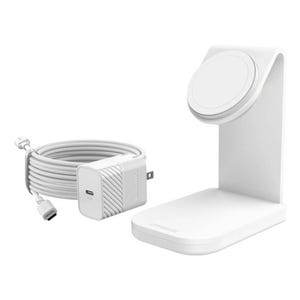 OtterBox Charging Bundle includes a white MagSafe charging stand and a USB-C wall adapter with a coiled USB-C cable, designed for efficient wireless charging.