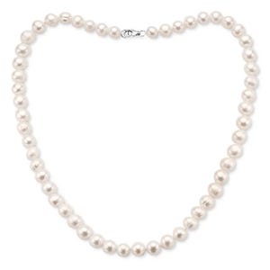 18\“ freshwater pearl necklace with a single strand of white pearls and a silver clasp.