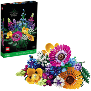LEGO \“Wildflower Bouquet\“ set from the Botanical Collection, featuring 939 pieces for ages 18+, with colorful floral designs.
