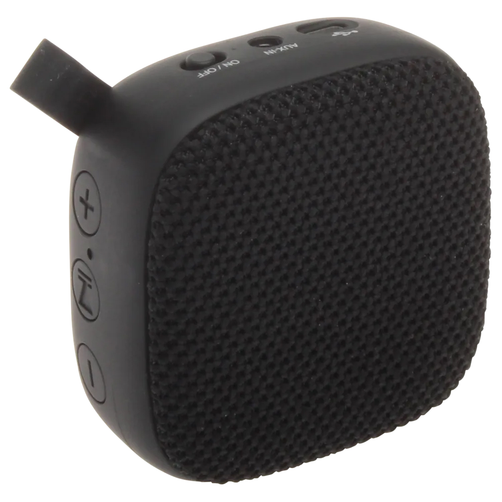 Black JVC wireless speaker with a textured fabric front, featuring volume and power controls on the side, and ports for AUX and USB on the top.