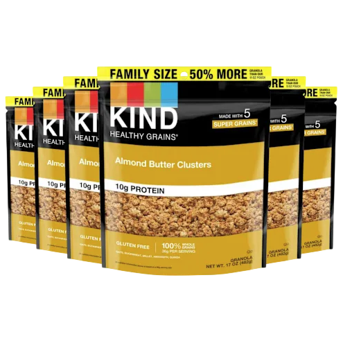 KIND Healthy Grains Almond Butter Clusters, family size, feature 10g protein and are gluten-free.